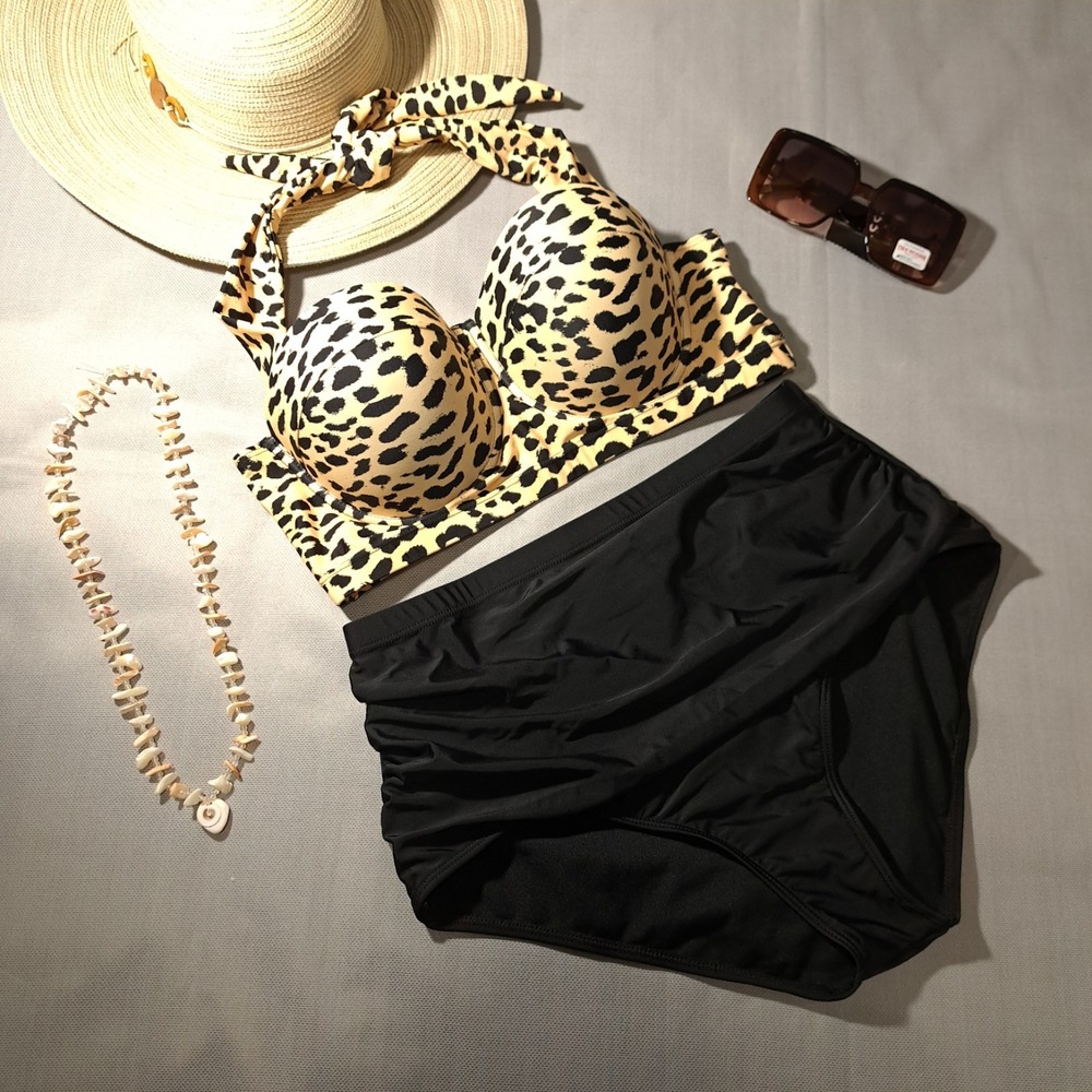 Women's High-Waisted Two-Piece Bikini Bathing Swimsuit‎ Tan/Black L Leopard